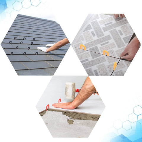 Illustration showing 400 Pcs Horseshoe Shims Set For Tile Leveling U Shaped Spacers In Four Colors, used in tile and stone installation.