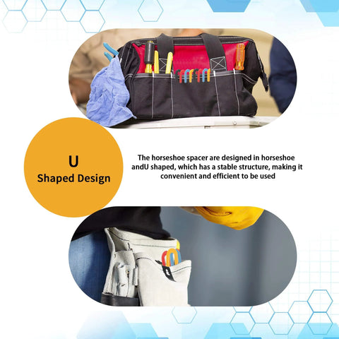 Tools inside a pouch showing horseshoe shims from 400 Pcs Horseshoe Shims Set For Tile Leveling U Shaped Spacers In Four Colors.