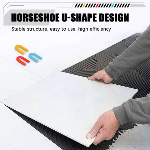 600 Count Horseshoe Tile Spacers For Tile Leveling System shown with tile installation, U Shaped Plastic Spacers in various colors