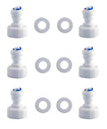 DIY Friendly Quick Connect Hose Bib Adapter For Reverse Osmosis Systems NSF Certified Three Quarter Inch Female Thread To One Quarter Inch OD Push To Connect Plastic Fittings Pack Of Six Easy Install in white plastic