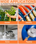 Collage showing applications of 120 Piece Hose Clamp Set Camtek Stainless Steel Adjustable Worm Gear Clamp 6 to 44 mm Range in garden, industry, home, and pipeline.