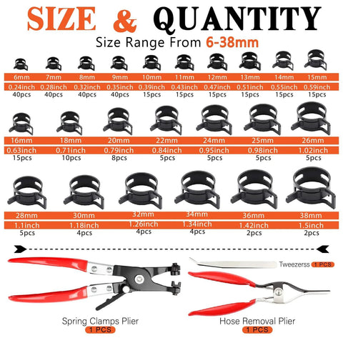 Image of Do It All Hose Clamp Kit With 324 Pcs And 23 Size Range From 6 To 38 Millimeter Clamps including pliers and tweezers.