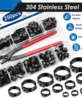 250 Pack Hose Clamp Kit With 14 Sizes 5.3 To 33.1 Mm Single Ear Stainless Steel 304 Black Finish Includes Ear Clamp Pliers