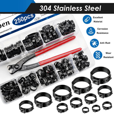 250 Pack Hose Clamp Kit With 14 Sizes 5.3 To 33.1 Mm Single Ear Stainless Steel 304 Black Finish Includes Ear Clamp Pliers
