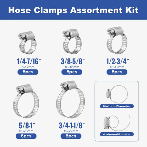 40 Piece Hose Clamp Set With 304 Stainless Steel Assortment From One Quarter Inch To One And One Eighth Inch Small Worm Gear Clamps Kit
