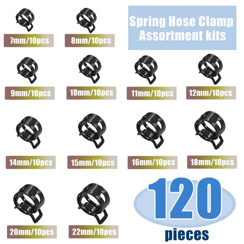 DIY Friendly All In One Hose Clamp Kit With 121Pcs 7 To 22mm Swivel Flat Band Clamps, showing various sizes and piece count.