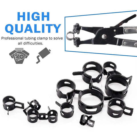 DIY Friendly All In One Hose Clamp Kit With 121Pcs 7 To 22mm Swivel Flat Band Clamps and remover tool displayed.