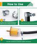 Installation instructions for 34 Piece Worm Gear Hose Clamp Kit 8 to 18mm Range in Five Sizes, showing steps to secure hoses.