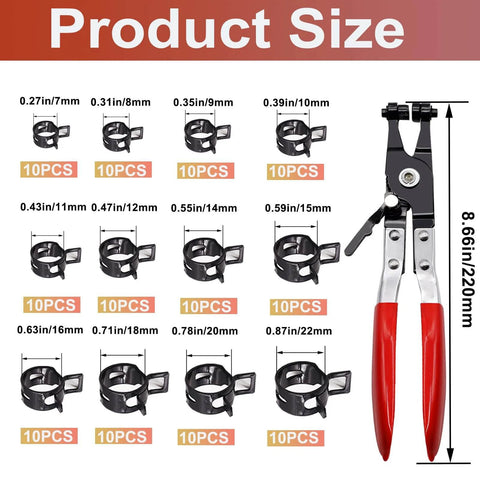 120 Piece Hose Clamp Kit With 7 To 22 Millimeter Black Spring Band Clamps, Swivel Flat Clamp Plier Set, Low Pressure Air Hose Clips