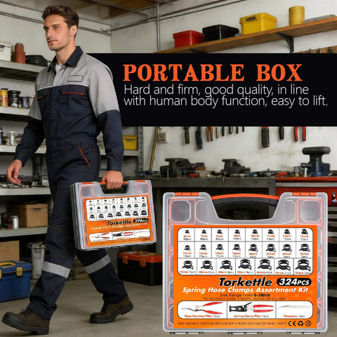 Do It All Hose Clamp Kit With 324 Pcs And 23 Size Range From 6 To 38 Millimeter Clamps, Includes Swivel Jaw Clamp Plier shown in portable box