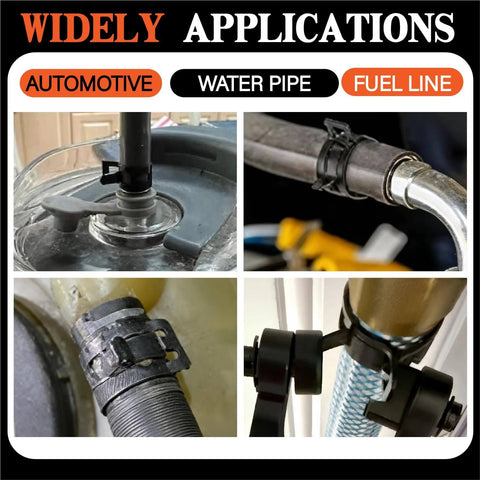 Do It All Hose Clamp Kit installed on automotive, water pipe, and fuel line applications showcasing versatility