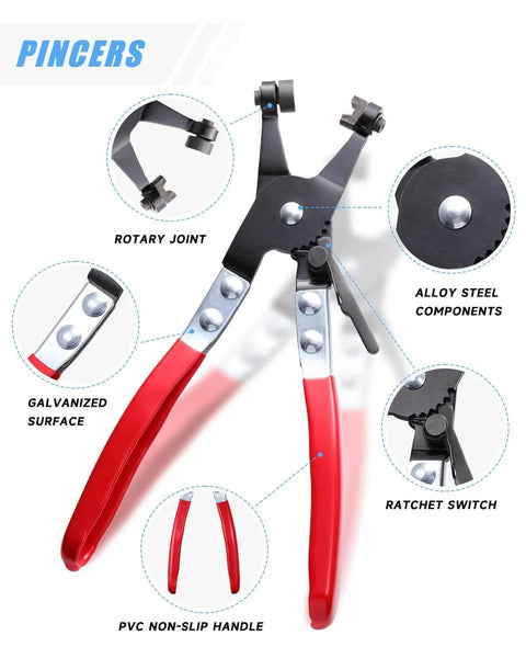 100 Piece 6 To 25mm Spring Hose Clamps Assortment Kit With Swivel Flat Hose Clamp Plier, highlighting design features