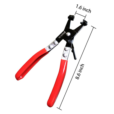 Professional Heavy Duty Hose Clamp Pliers Repair Tool with 8.6 inch high carbon steel body and red rubber handles shown from top view