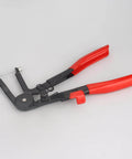 Hose Clamp Pliers Tool For Removing And Installing Flat Hose Clamps And Spring Clamps With Cable displayed with red ergonomic handles.