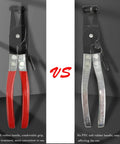 Comparison of two hose clamp pliers, one with red PVC handle, non-slip grip, and one with plain metal handle, both tools visible.