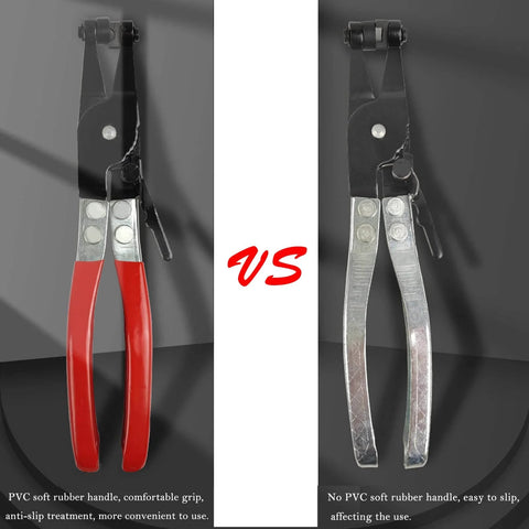 Comparison of two hose clamp pliers, one with red PVC handle, non-slip grip, and one with plain metal handle, both tools visible.