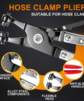 Close-up of hose clamp pliers with anti-slip handle from the 380 Pcs 6 To 22 Mm Spring Hose Clamps Kit 12 Sizes Black Fuel Line Clamps.
