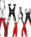 Professional Hose Clamp Pliers Kit 4 Pcs Includes Disconnecting Pliers Crimping Pliers Cutting Pliers And Wire Strippers For Tackle Wiring Electrical Repairs Auto Maintenance DIY Car Enthusiasts And Pros. Red and black pliers tools arranged vertically.