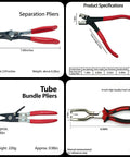 Professional Hose Clamp Pliers Kit 4 Pcs Includes Disconnecting Pliers Crimping Pliers Cutting Pliers And Wire Strippers For Tackle Wiring Electrical Repairs Auto Maintenance DIY Car Enthusiasts And Pros, showing four types of pliers with specifications and measurements.
