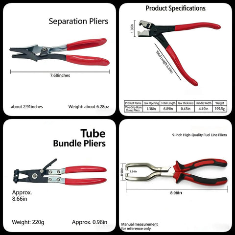 Professional Hose Clamp Pliers Kit 4 Pcs Includes Disconnecting Pliers Crimping Pliers Cutting Pliers And Wire Strippers For Tackle Wiring Electrical Repairs Auto Maintenance DIY Car Enthusiasts And Pros, showing four types of pliers with specifications and measurements.