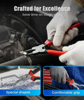 Professional Hose Clamp Pliers Kit 4 Pcs Includes Disconnecting Pliers Crimping Pliers Cutting Pliers And Wire Strippers For Tackle Wiring Electrical Repairs Auto Maintenance DIY Car Enthusiasts And Pros being used on a car engine