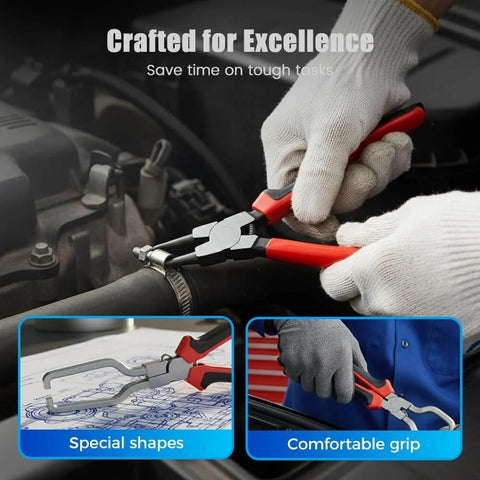Professional Hose Clamp Pliers Kit 4 Pcs Includes Disconnecting Pliers Crimping Pliers Cutting Pliers And Wire Strippers For Tackle Wiring Electrical Repairs Auto Maintenance DIY Car Enthusiasts And Pros being used on a car engine