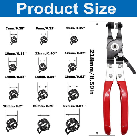 DIY Friendly All In One Hose Clamp Kit With 121Pcs 7 To 22mm Swivel Flat Band Clamps, red-handled hose clip remover shown.