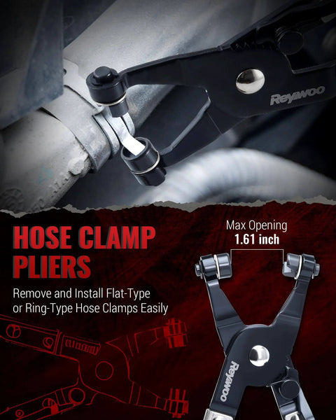 8 Piece Hose Clamp Pliers Set With Hose Pinch Off And Hose Removal Pliers For Fuel Line Brake Line Radiator Hose And Gas Line Repair And Maintenance shown removing hose clamp.