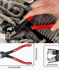 WiseUp 4 Piece Hose Clamp Pliers Set in use on automotive hose, featuring 27 inch long reach pliers and flat band clamp tool.