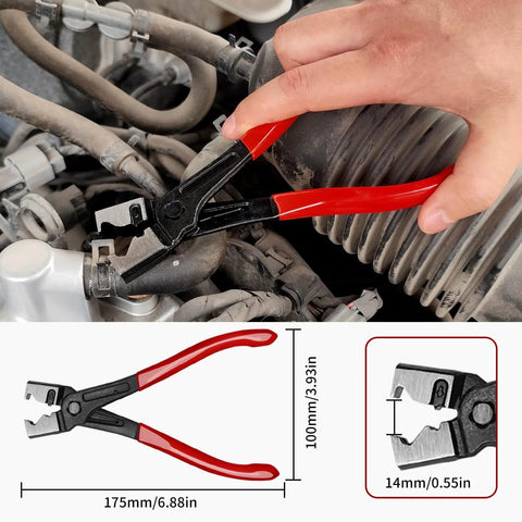 WiseUp 4 Piece Hose Clamp Pliers Set in use on automotive hose, featuring 27 inch long reach pliers and flat band clamp tool.