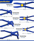 Image showing a 6 Piece Hose Clamp Pliers Set With Straight And 90 Degree Angled Jaws For Radiator And Fuel Lines Brake Coolant Hoses Includes Three Sizes To Temporarily Pinch Off Flexible Hoses During Automotive Maintenance, with opening dimensions and measurements.