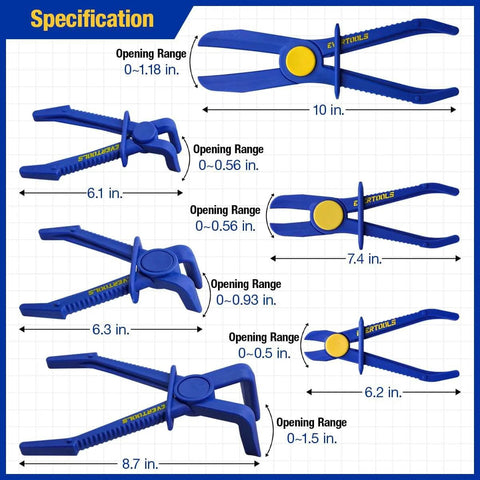 Image showing a 6 Piece Hose Clamp Pliers Set With Straight And 90 Degree Angled Jaws For Radiator And Fuel Lines Brake Coolant Hoses Includes Three Sizes To Temporarily Pinch Off Flexible Hoses During Automotive Maintenance, with opening dimensions and measurements.