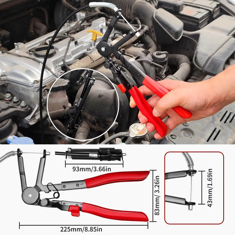 WiseUp 4 Piece Hose Clamp Pliers Set Including 27 Inch Long Reach Spring Clamp Pliers in use on car engine hoses.