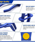 Close-up of blue pliers from 6 Piece Hose Clamp Pliers Set With Straight And 90 Degree Angled Jaws For Radiator And Fuel Lines Brake Coolant Hoses Includes Three Sizes To Temporarily Pinch Off Flexible Hoses During Automotive Maintenance, showcasing non-slip handle, security buckle, and durable plastic material.