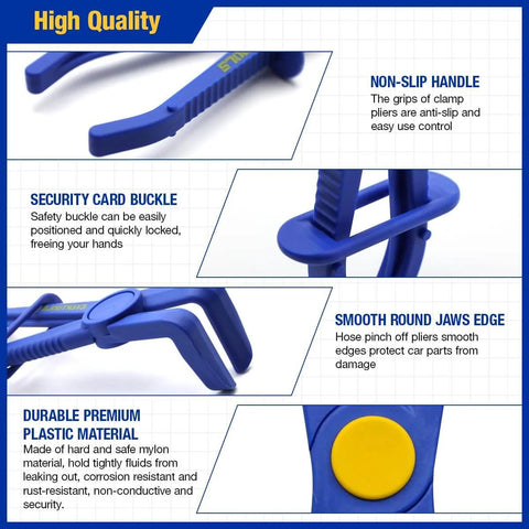 Close-up of blue pliers from 6 Piece Hose Clamp Pliers Set With Straight And 90 Degree Angled Jaws For Radiator And Fuel Lines Brake Coolant Hoses Includes Three Sizes To Temporarily Pinch Off Flexible Hoses During Automotive Maintenance, showcasing non-slip handle, security buckle, and durable plastic material.
