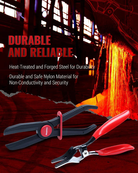 8 Piece Hose Clamp Pliers Set With Hose Pinch Off And Hose Removal Pliers For Fuel Line Brake Line Radiator Hose And Gas Line Repair And Maintenance shown with background of molten metal.