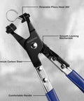 Hose Clamp Pliers With Swivel Flat Band For Easy Removal And Installation Of Spring Hose Clamps In Automotive Fuel Oil And Water Hoses Flexible Jaws Rotating Tip For Narrow Space Access One Point Nine Seven Inch Opening Labor Saving Tool with rotatable pliers head and blue handle shown.