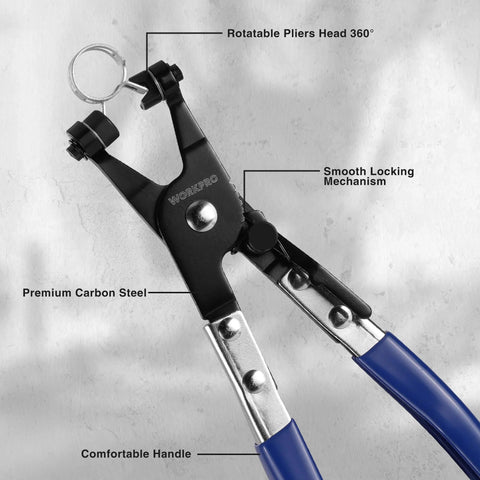 Hose Clamp Pliers With Swivel Flat Band For Easy Removal And Installation Of Spring Hose Clamps In Automotive Fuel Oil And Water Hoses Flexible Jaws Rotating Tip For Narrow Space Access One Point Nine Seven Inch Opening Labor Saving Tool with rotatable pliers head and blue handle shown.