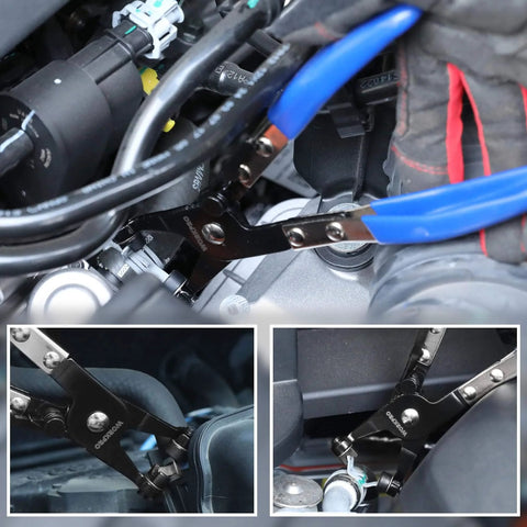 Hose Clamp Pliers With Swivel Flat Band For Easy Removal And Installation Of Spring Hose Clamps In Automotive Fuel Oil And Water Hoses Flexible Jaws Rotating Tip For Narrow Space Access One Point Nine Seven Inch Opening Labor Saving Tool shown in use.