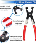 132 Pcs 6 To 25Mm Spring Hose Clamps With Hose Clamp Pliers In 16 Sizes Constant Tension Hose Clamp Kit For Fuel Line Vacuum Hose And Air Hose Ideal For Automotive Marine RV Bike And Home Maintenance In A Durable Plastic Storage Box showing red-handled pliers with rotatable chuck, comfortable grip, and safety lock design.