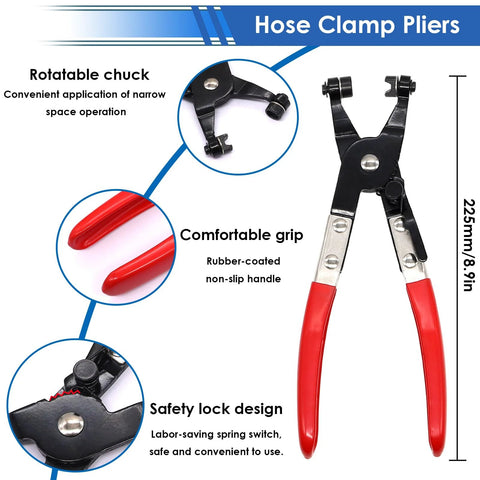 132 Pcs 6 To 25Mm Spring Hose Clamps With Hose Clamp Pliers In 16 Sizes Constant Tension Hose Clamp Kit For Fuel Line Vacuum Hose And Air Hose Ideal For Automotive Marine RV Bike And Home Maintenance In A Durable Plastic Storage Box showing red-handled pliers with rotatable chuck, comfortable grip, and safety lock design.
