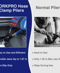 Hose Clamp Pliers With Swivel Flat Band For Easy Removal And Installation Of Spring Hose Clamps In Automotive Fuel Oil And Water Hoses Flexible Jaws Rotating Tip For Narrow Space Access One Point Nine Seven Inch Opening Labor Saving Tool comparison with normal pliers