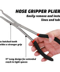Three Piece Beefy Hose Gripper Pliers Set Spark Plug Pliers in hand with cross hatched teeth, 11 in long for automotive use.