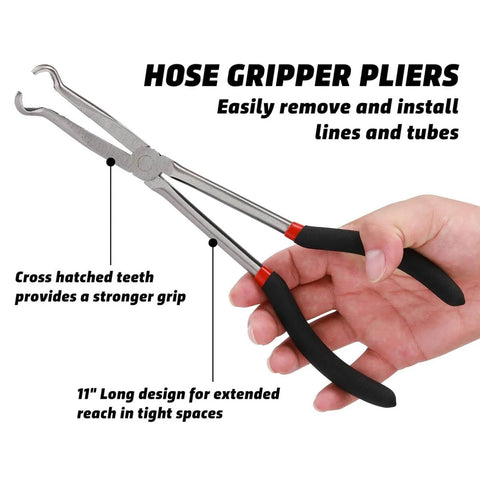 Three Piece Beefy Hose Gripper Pliers Set Spark Plug Pliers in hand with cross hatched teeth, 11 in long for automotive use.
