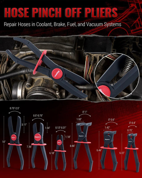 8 Piece Hose Clamp Pliers Set With Hose Pinch Off And Hose Removal Pliers For Fuel Line Brake Line Radiator Hose And Gas Line Repair And Maintenance includes pinching tool in use
