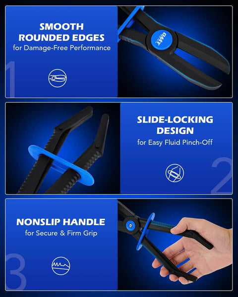 Features of 6 Piece Hose Pinch Off Pliers Set For Flexible Hoses Brake Fuel And Coolant Maintenance With Straight And 90 Degree Pliers And Adjustable Jaw Opening 0.4 To 2.6 Inches
