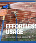Person using Three Quarter Inch Stainless Steel Garden Hose Quick Connect Fittings Set Of 4 Plug And Coupler, spraying water from a hose attached to a brick wall.