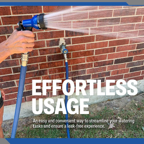 Person using Three Quarter Inch Stainless Steel Garden Hose Quick Connect Fittings Set Of 4 Plug And Coupler, spraying water from a hose attached to a brick wall.