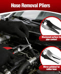Hose removal pliers being used in car engine for pipe and rubber hose, part of 9 Piece Electrical Disconnect Pliers Set For Cars.