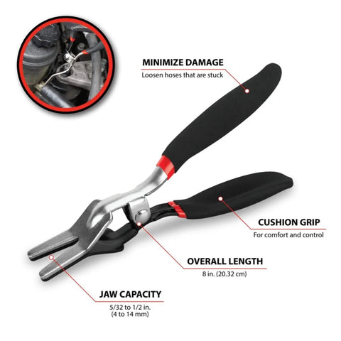 Hose Removal Pliers For Fuel, Vacuum And Heater Hoses, 5/32 To 1/2 Inch Capacity, Heavy Duty Steel With Cushion Grip Handles, side view